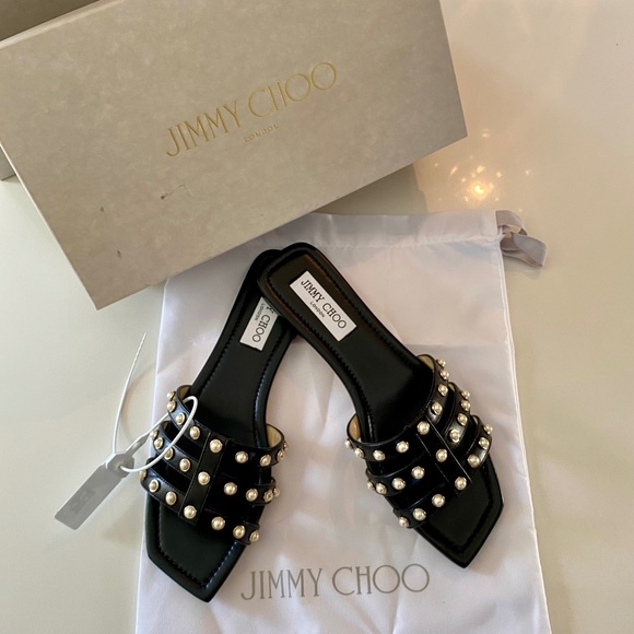 NEW- Jimmy Choo Hazel Flat Sandal - Black Leather with Pearl Detailing - Size 38